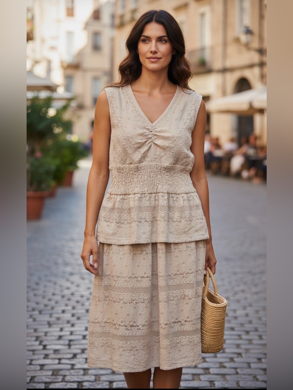 Rabbit Rabbit Rabbit Vintage‎ Women's 12 Tan V Neck Floral Dress Smocked Lace